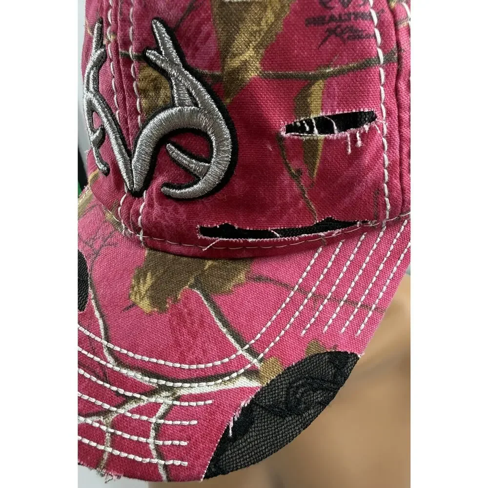 Realtree Hat Cap Pink Camo Distressed Cutouts Black Lace Silver Embroidered Logo